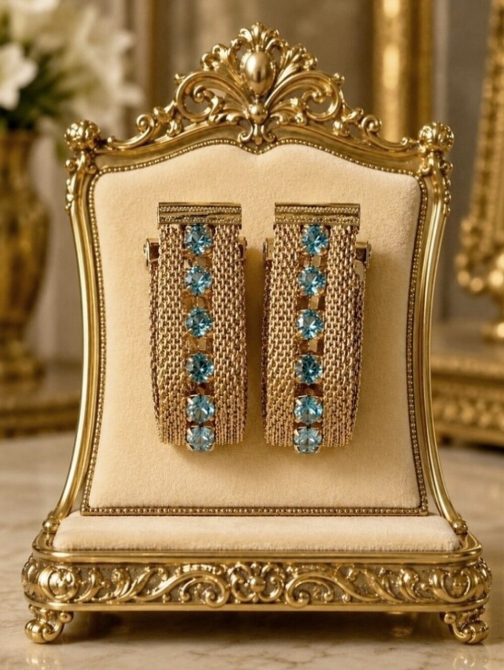 Signed SA Gold Tone Mesh Prong Azure Blue Stone Clip Earrings Vintage Swarovski